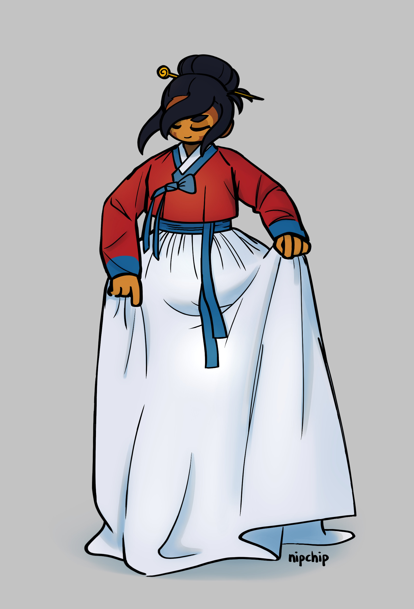 Sauda wearing a Korean hanbok, lifting the shirt with both hands. The upper garment (jeogori) is red with white and blue. The skirt (chima) is white.